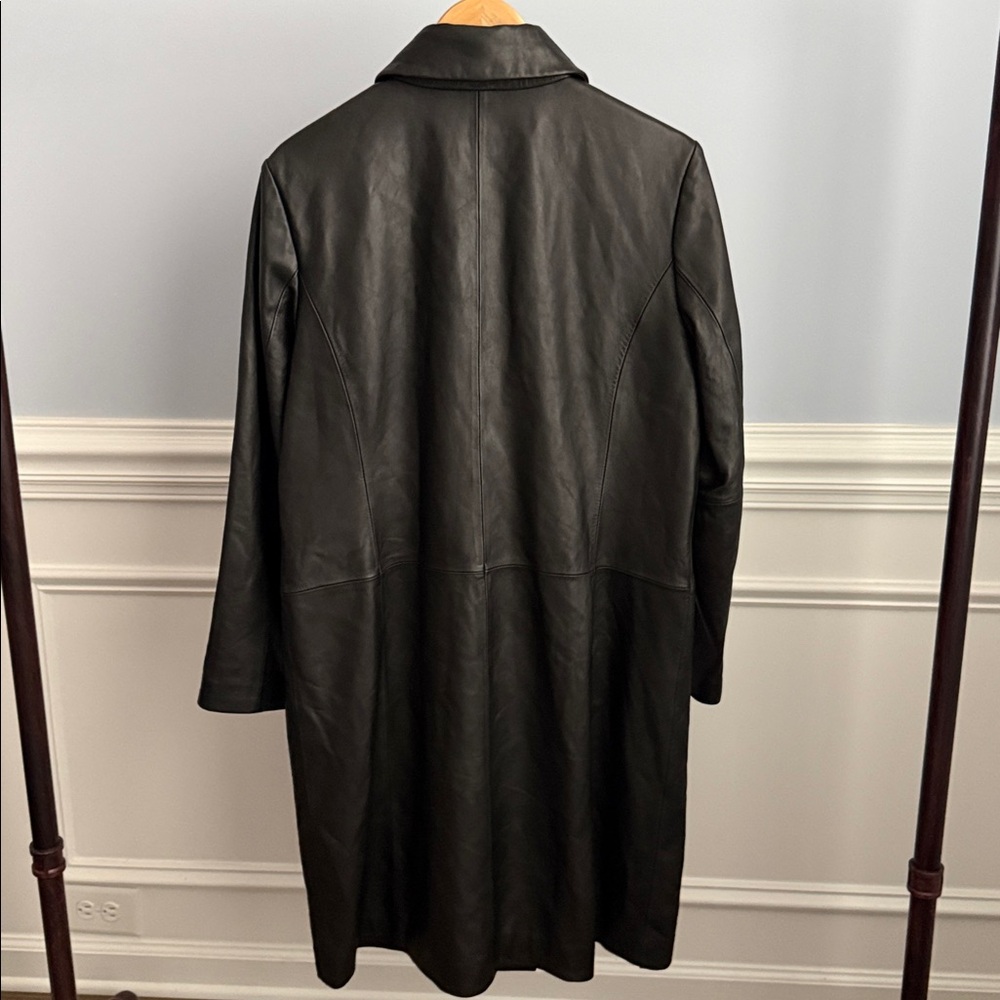 Charles Klein Black Leather Trench Coat Jacket Women's XL Collared Button Up 90s - Picture 4 of 7